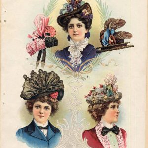 Antique fashion plate from The Delineator June 1900 showing five stylish summer hats with ribbons, flowers, and feathers.