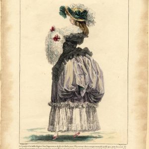 1785 French fashion plate showing a woman in a morning dress with a large white fur muff and a feathered Chérubin style hat.