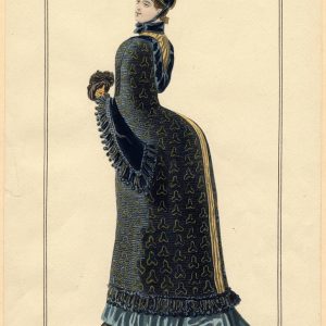 Fashion plate from 1884 showing a woman in a patterned navy blue mantle and bustle skirt with a feathered hat.