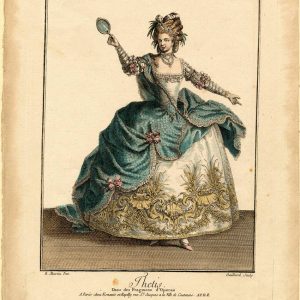 Hand-colored engraving of a woman in an 18th-century sea-nymph costume with a teal overskirt, shells, and a mirror, titled Thetis.