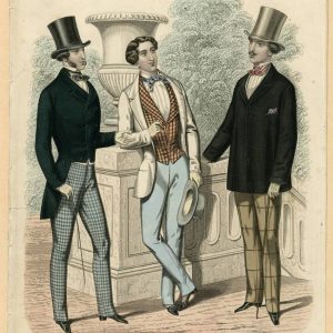 Hand-colored fashion plate from 1859 showing three Victorian gentlemen in top hats, frock coats, and checkered trousers.