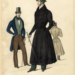 1831 French fashion plate showing two men in top hats, a long black redingote, blue frock coat, and brown plaid stirrup trousers.