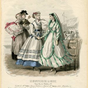 French Victorian fashion illustration from Le Moniteur de la Mode showing women and a child in seaside dresses on a beach.