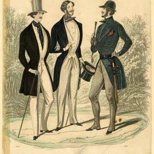 1843 fashion plate of three men in Victorian attire: top hat, frock coats, Tattersall trousers, and riding gear from El Correo de Ultramar.