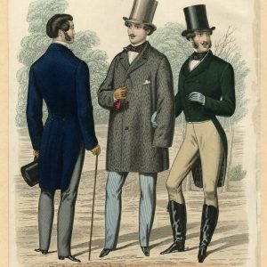 1845 fashion plate from Gentleman's Magazine showing three men in Victorian tailcoats, top hats, and riding boots in an outdoor setting.