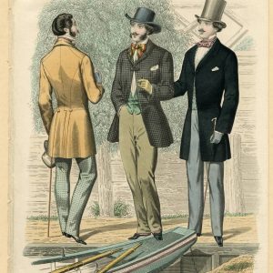 1845 fashion plate from Gentleman's Magazine showing three men in Victorian frock coats, top hats, and cravats by a river boat.