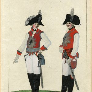 Two Prussian Gardes du Corps soldiers in 1789 gala uniforms, featuring red suprawestes with the Black Eagle Order emblem and bicorn hats.