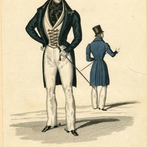 1831 fashion plate showing two men in Victorian attire: dark green tailcoat, decorative white vest, top hat, and cane.