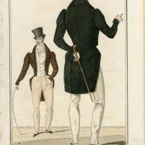 1829 fashion plate showing two men in French dandy style with black tailcoats, white trousers, and top hats from Petit Courrier des Dames.