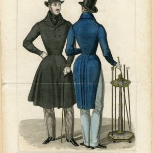 1831 fashion plate of two French gentlemen in a black redingote and blue tailcoat with top hats and canes.