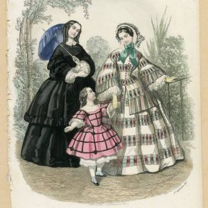 1857 French fashion illustration showing two women and a child in Victorian autumn dresses with crinolines and pagoda sleeves.