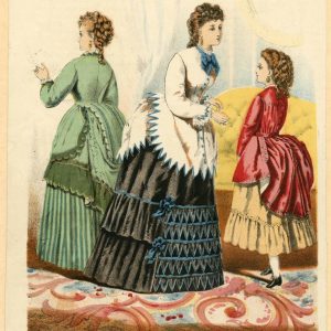 Hand-colored 1872 fashion plate showing two women and a girl in Victorian bustle dresses with ruffles, bows, and high-swept hairstyles.