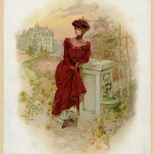 Victorian woman in a dark red gown leaning on a stone fountain pedestal with a university building and garden in the background.