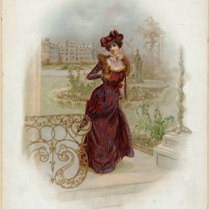 1905 Edwardian fashion print of a woman in UPenn colors with a pouter pigeon dress, fur stole, and ornate hat in a garden setting.