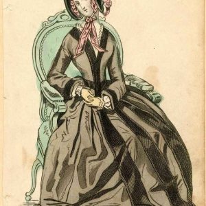Hand-colored 1840s fashion plate of a woman in a brown Victorian morning visiting dress and pink floral bonnet.