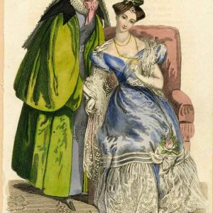 1832 fashion plate showing a woman in a green walking dress with gigot sleeves and another in a blue satin ball dress with lace details.