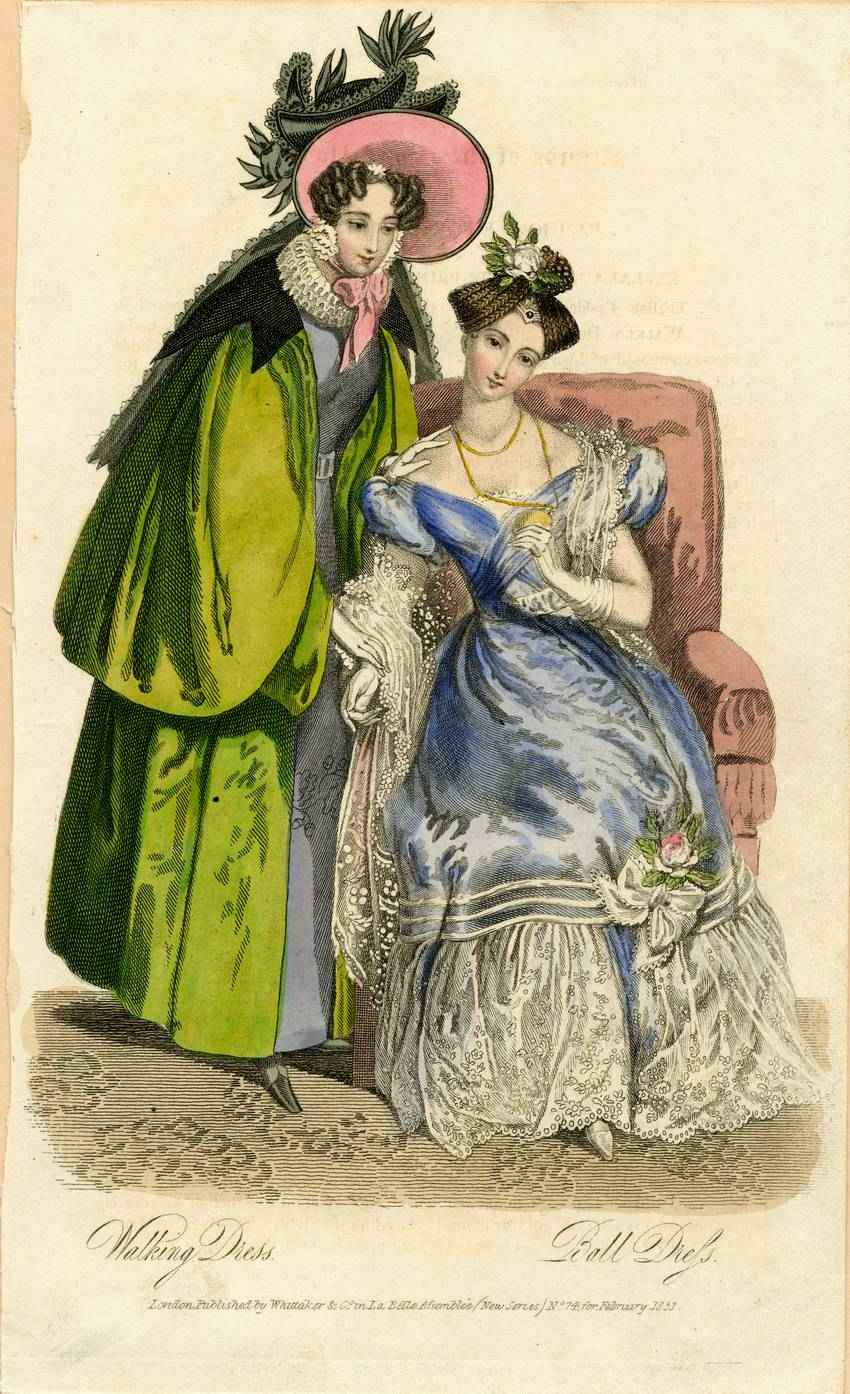 Romantic era walking dress and ball gown 1833 fashion engraving 1832 fashion plate showing a woman in a green walking dress with gigot sleeves and another in a blue satin ball dress with lace details.