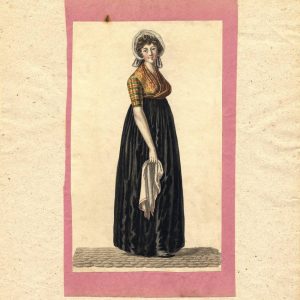 801 engraving of a Hamburg chambermaid in a plaid bodice and long black gown standing on a cobblestone road.