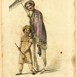 1810 fashion plate from Ackermann’s Repository showing a woman in a purple cloak and a child in yellow attire, titled Walking Dress.