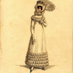 1818 Regency walking dress fashion plate from La Belle Assemblée, showing a white high-waisted gown, floral bonnet, and parasol.