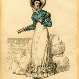 1821 fashion plate of a woman in a blue Spencer jacket, white dress, and bonnet, holding a telescope by the sea.