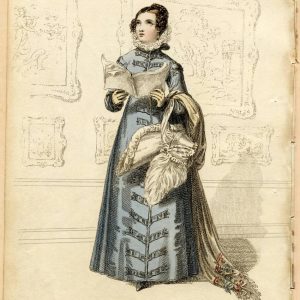 1821 Regency walking dress in blue with high collar, lace ruff, and poke bonnet. Antique fashion plate from Ackermann's Repository.