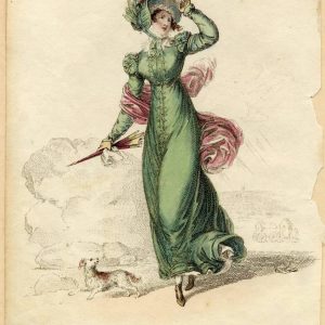Hand-colored fashion plate of a green Regency walking dress with puff sleeves and a floral poke bonnet, dated Summer 1822.