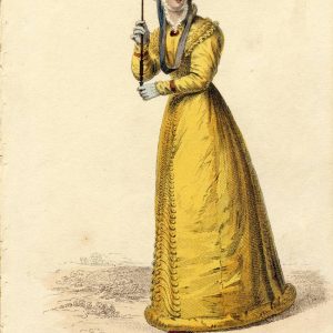 1826 fashion plate of a yellow Regency walking dress with leg-of-mutton sleeves, a straw hat, and pink parasol by Rudolph Ackermann.