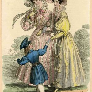 1830 English fashion plate of women in walking dresses with gigot sleeves and elaborate hats, walking with a young boy in a blue frock.
