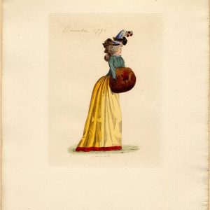 1790 fashion engraving of a woman in a yellow satin skirt and blue striped bodice, holding a large Siberian fox fur muff.