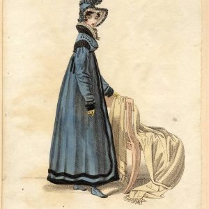 Regency era fashion plate of a woman in a blue pelisse dress and a Mary Scot bonnet, holding a shawl. October 1818, La Belle Assemblée.