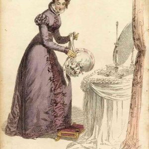 1822 Ackermann’s fashion plate of a woman in a lavender Regency walking dress with pink trim, holding a floral bonnet by a vanity.