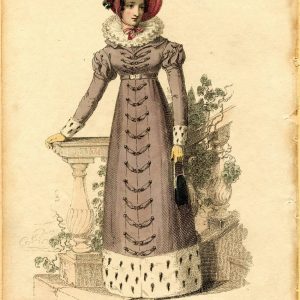 1822 Regency walking dress fashion plate in lilac with ermine fur trim, high ruff collar, and pink poke bonnet. Ackermann's Repository.