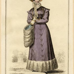 Regency era fashion plate of a purple winter walking dress with fur trim, large muff, and bonnet. Published in La Belle Assemblée, 1826.