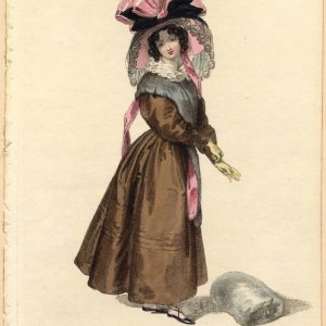 1828 fashion plate showing a woman in a brown walking dress, blue fur pelerine, and large pink ribboned hat with a fur muff on the ground.