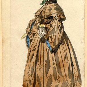 Hand-colored 1837 fashion plate of a woman in a brown winter walking dress, wide cape collar, and green bonnet.