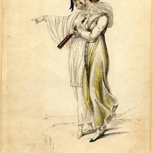 1810 fashion plate from Ackermann's Repository showing two women in Regency walking dresses on a cliffside, one holding a telescope.