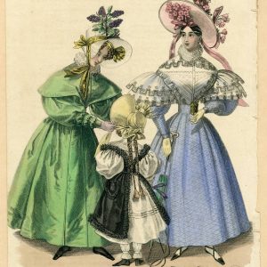 1831 fashion plate showing two women in green and blue Regency gowns with large gigot sleeves and a child in a white dress and black apron.