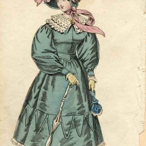 Hand-colored 1829 fashion print of a woman in a teal walking dress with gigot sleeves, lace canezou collar, and a blue ribboned bonnet.
