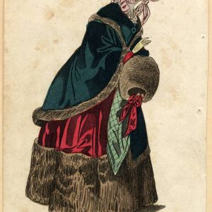 Hand-colored 1838 fashion plate of a woman in a fur-trimmed green cape, crimson dress, and pink poke bonnet. Titled "WALKING DRESS".