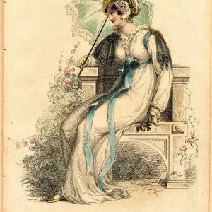 1812 Regency walking dress fashion plate from Ackermann's Repository. Woman in white empire waist gown with blue sash and green parasol.