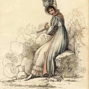 1815 Regency fashion plate of a lady in a blue walking dress and feathered bonnet reading a book outdoors.