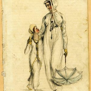 Regency fashion plate from 1809 showing a woman and child in white high-waisted walking dresses, with a parasol and hooded mantle.