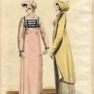 Hand-colored 1811 engraving from The Lady's Magazine showing a pink Regency evening dress and a yellow walking pelisse with bonnets.