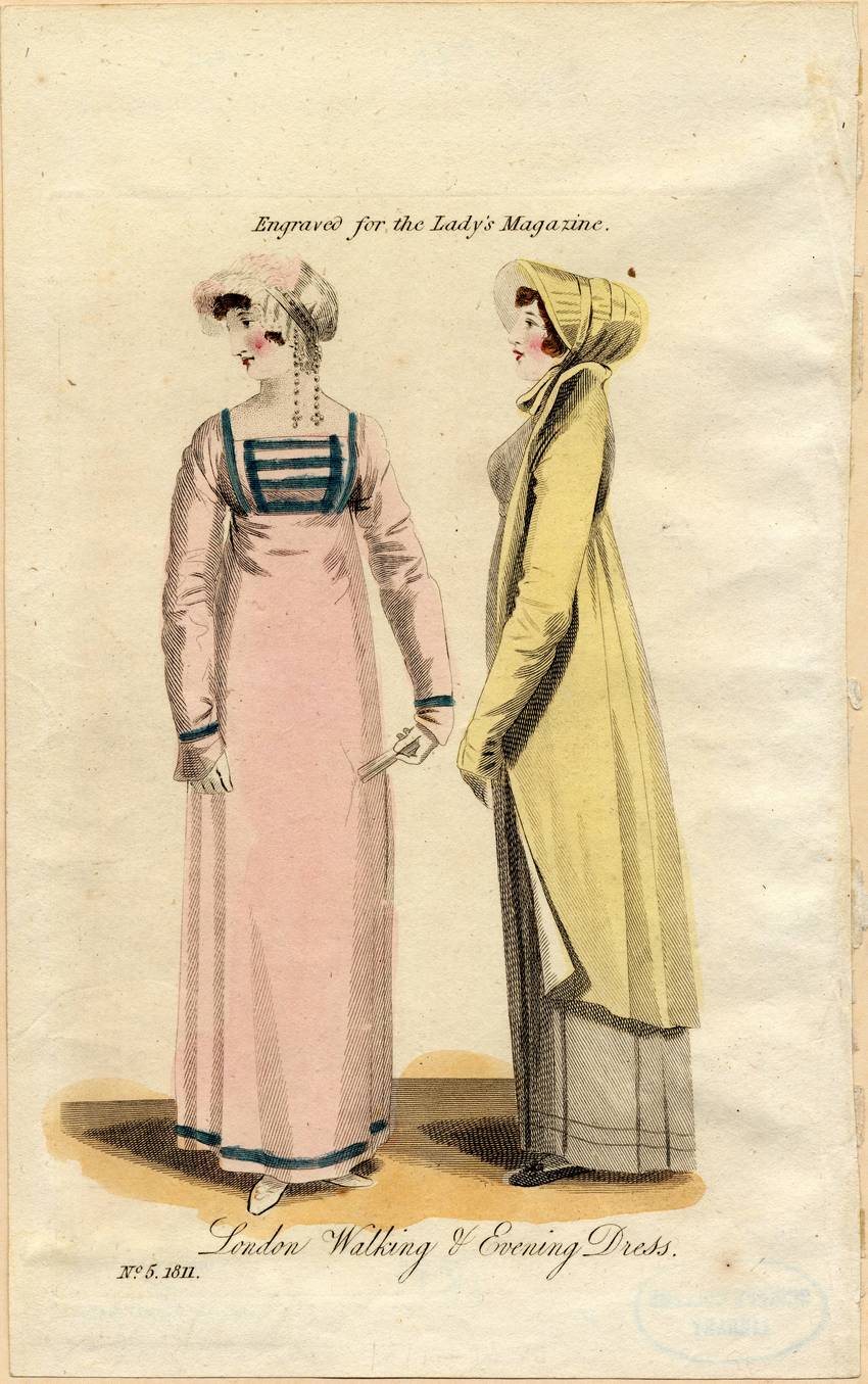 Regency Fashion Plate 1811: London Walking and Evening Dress - The Lady's Magazine Hand-colored 1811 engraving from The Lady's Magazine showing a pink Regency evening dress and a yellow walking pelisse with bonnets.