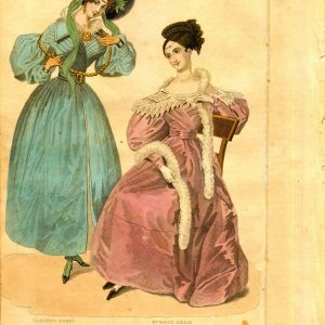Hand-colored 1836 fashion plate from Godey's Lady's Book featuring women in blue walking dress and pink evening gown.