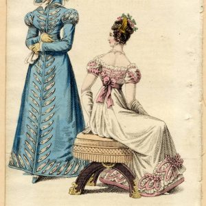 Two women in 1822 Regency fashion: one in a blue walking dress with leaf patterns, another in a white and pink evening gown seated.