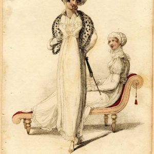 1810 fashion engraving of two women in Regency style white dresses, one standing with a leopard print stole and another on a chaise longue.