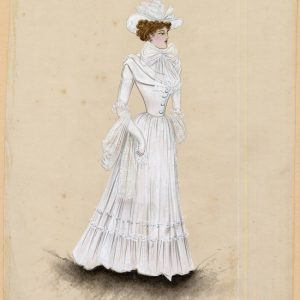 Vintage Edwardian fashion plate of a woman in a white lace dress and ornate hat, 1900s style.