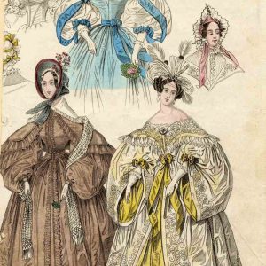 1836 fashion illustration showing women in colorful Victorian gowns with large gigot sleeves, elaborate bonnets, and lace pelerines.